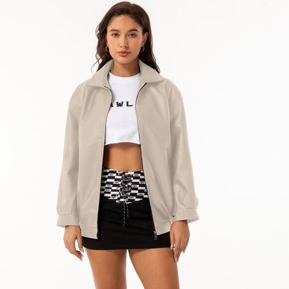 Women's Beige Oversized Faux Leather Fashion Zip Up Motorcycle Loose Fit Jacket - Picture 2 of 7